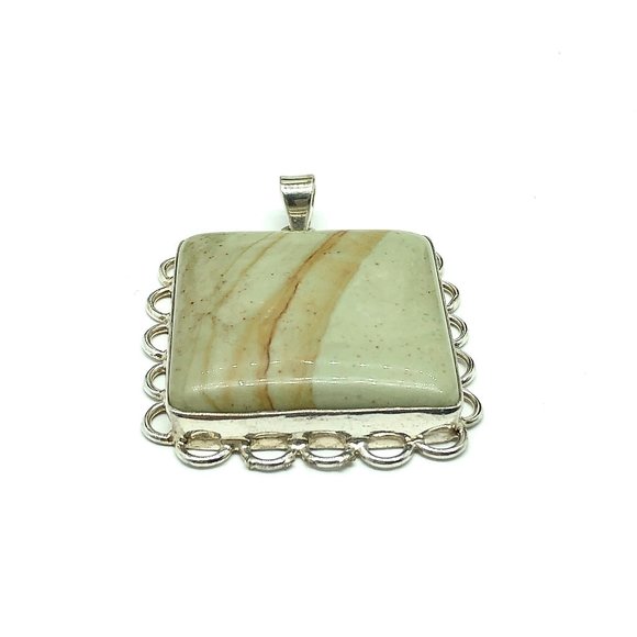 Sterling Silver Pendant w/ Rubbed Sage Color Picture Jasper Stone - Picture 4 of 5